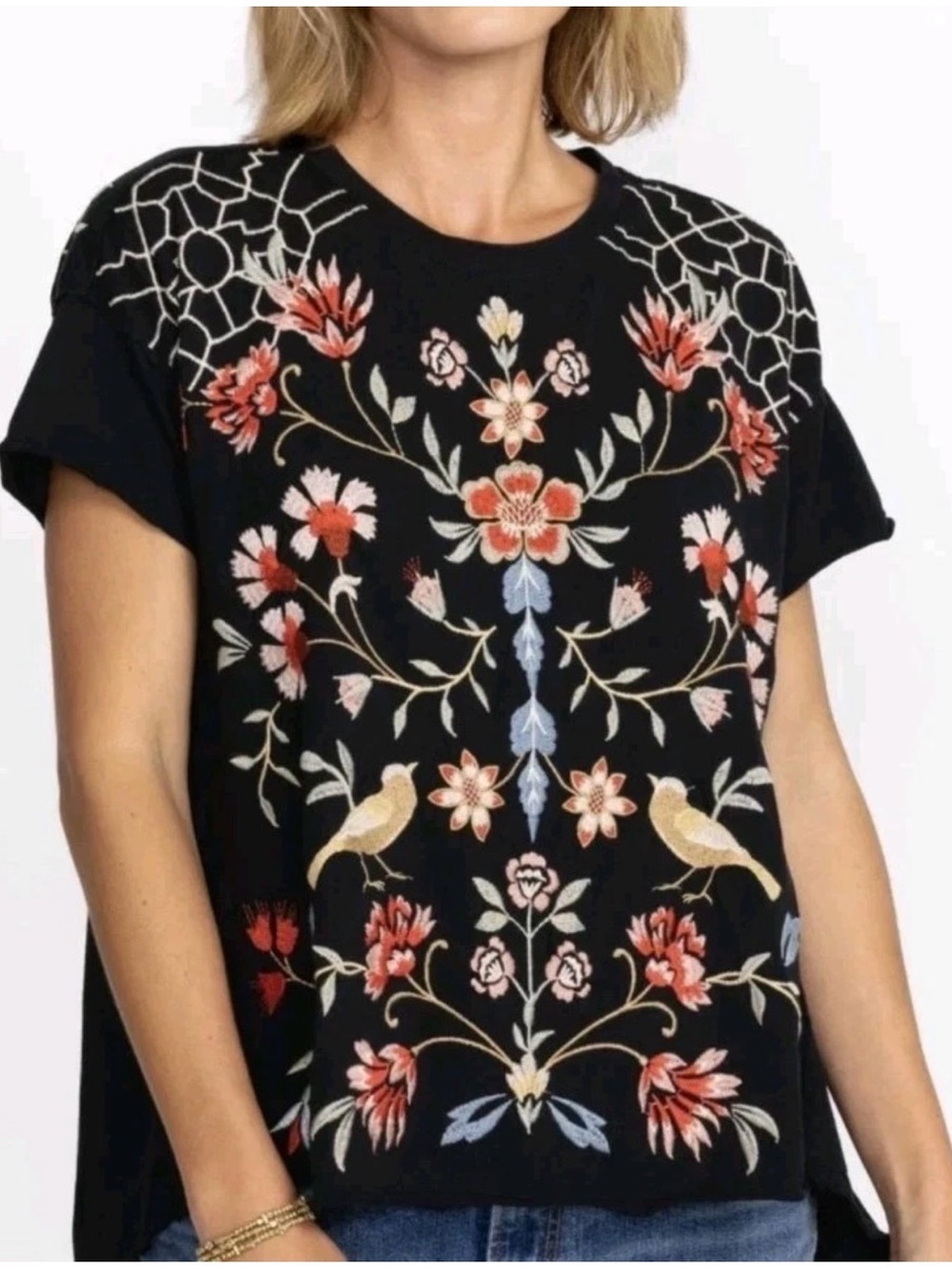 Johnny Was Black Short Sleeve Clara Swing Tee Floral & Bird Embroidery XL